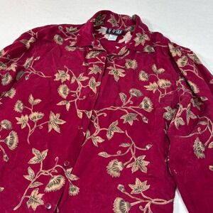 Quo-Silk Womens Burgundy Red Jacquard Floral 100% Silk Button Down Blouse Small
